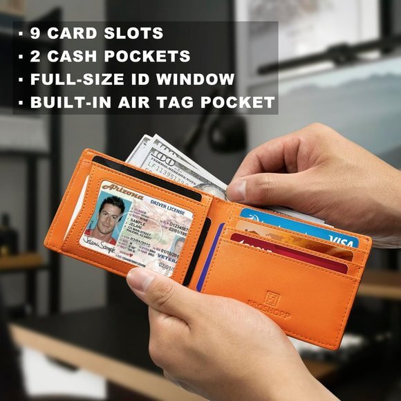 Wallet‎ Men, Bifold Genuine Leather Rfid Blocking AirTag Wallet with Cash Slots - Picture 5 of 6